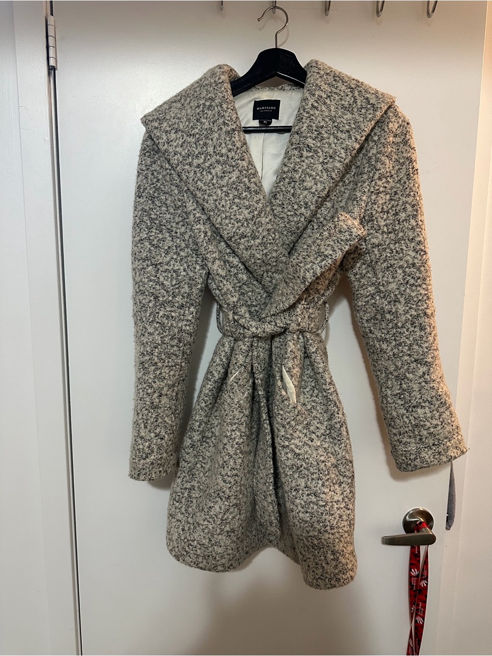 Marciano Cream and Gray Bouclé Trench Coat with Shawl Collar
